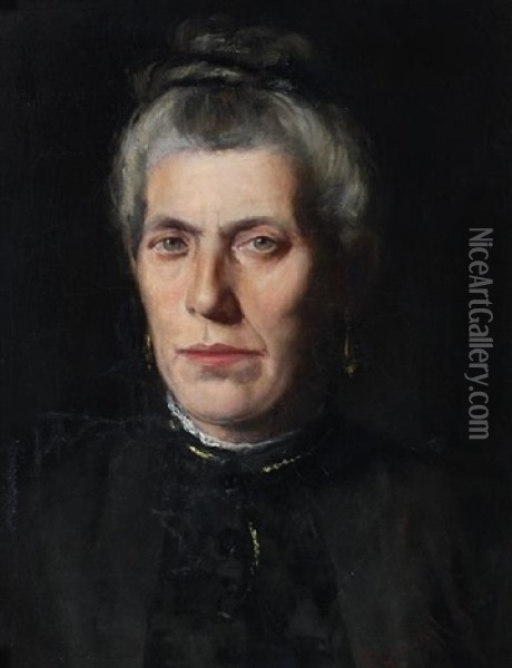Portrait Of A Lady, Her Grey Hair Tied In A Bun, Wearing A Black Dress Oil Painting - Robert Gemmell Hutchison