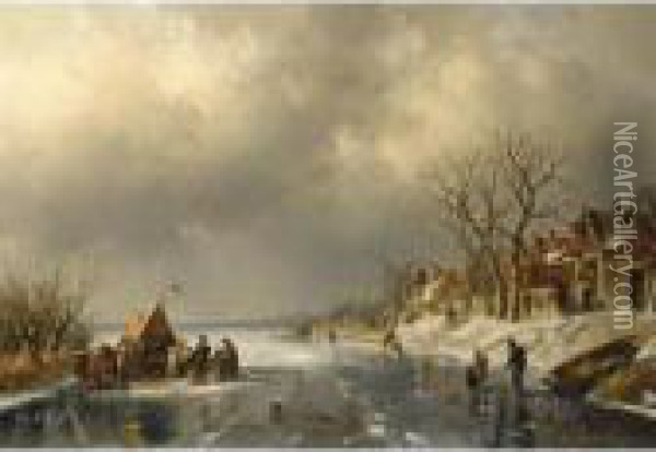Skaters On A Frozen River With Figures Near A 'koek En Zopie' Oil Painting - Charles Henri Leickert