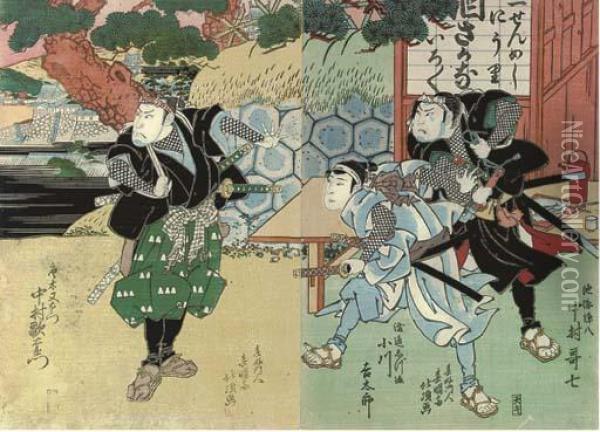 Two Oban Sheets Depicting Actors On A Riverbank Before A Pavilion Oil Painting - Hokushu