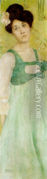 Jeune Femme, Fond Vert Oil Painting - Raphael Kirchner