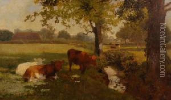 Cattle On River Bank Oil Painting - Charles Collins