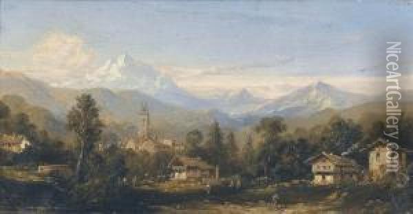 Gebirgspartie Mit Dorf In Den Alpen Oil Painting - Karl Girardet
