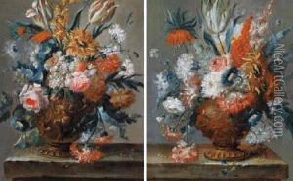 Due Nature Morte Floreali Con Vasi Decorati Su Parapetti Di Pietra Oil Painting - Karel Van Vogelaer, Carlo Dei Fiori