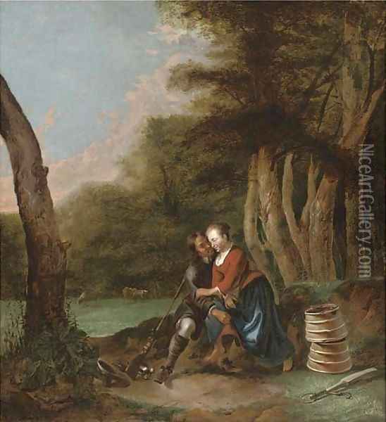 A huntsman courting a milkmaid under a tree in a meadow Oil Painting - Gerrit Lundens