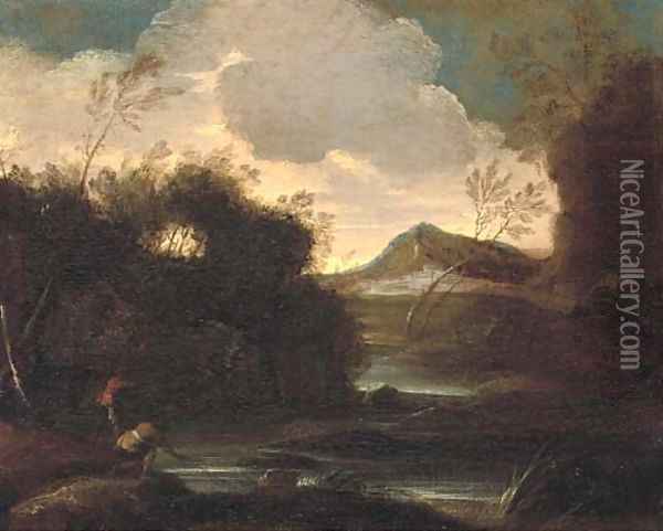 A wooded river landscape with fishermen, mountains beyond Oil Painting - Salvator Rosa