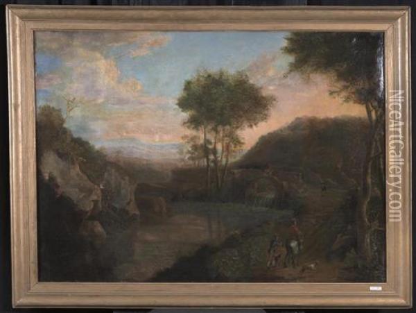 Flusslandschaft Mit Jagern. Oil Painting - Nicolaes Berchem