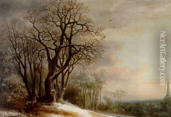 Travellers On A Snowy Path Overlooking A Valley, At Sunset Oil Painting - Gysbrecht Leytens
