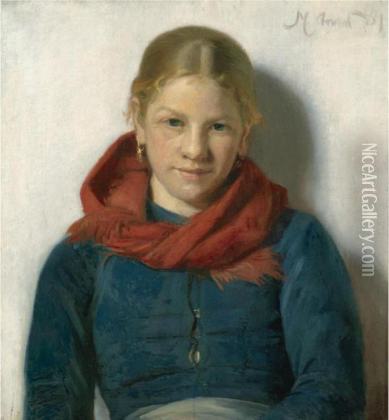 Pige Med Rodt Sjal (skagen Girl In A Red Shawl) Oil Painting - Michael Ancher