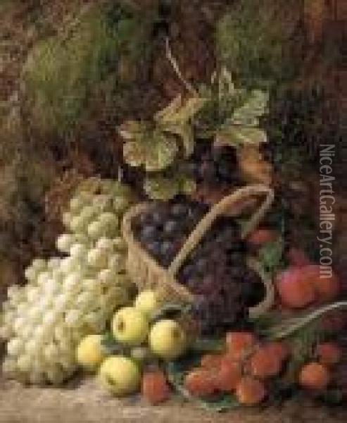 Strawberries, Apples, Plums, And Grapes In A Wicker Basket Oil Painting - George Clare
