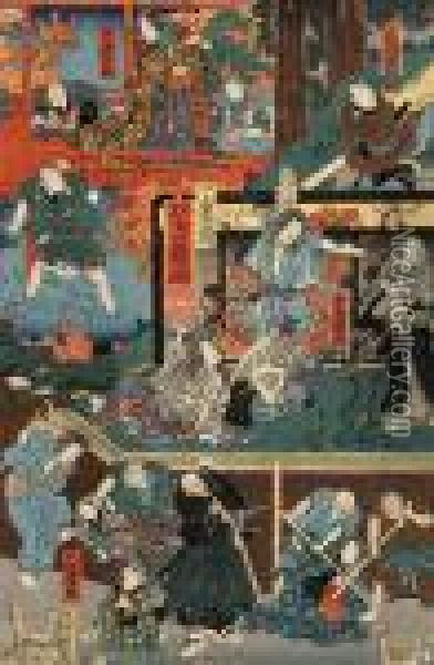 Rozne Postacie Z Dramatow Teatru Kabuki, 1857 R. Oil Painting - Utagawa Yoshiiku