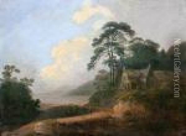 Wooded Coastal Scene With Traveller On A Pathbefore A House Oil Painting - John Rathbone