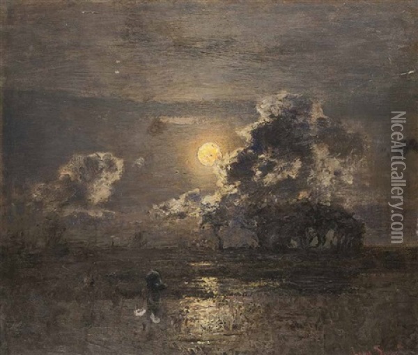 Nachtliche Landschaft Im Mondschein Oil Painting - Louis Douzette
