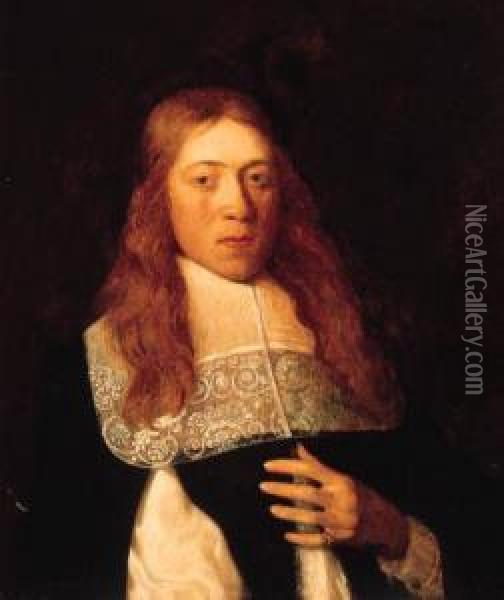 Portrait Of A Young Man, Half 
Length, Wearing Black Costume Withslashed Sleeves And White Cuff Oil Painting - Jan Albertz. Rotius