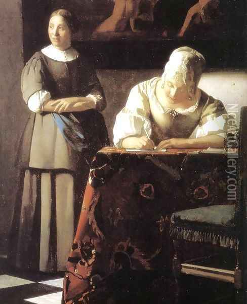 Lady Writing a Letter with Her Maid (detail) 2 Oil Painting - Jan Vermeer Van Delft