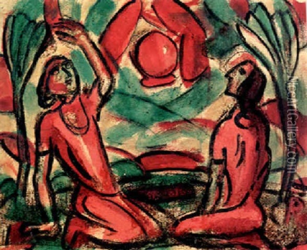 Zwei Frauen In Landschaft Mit Roter Sonne Oil Painting - Christian Rohlfs