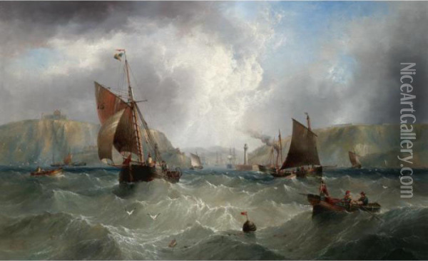 Fishing Boats On A Stormy Sea Off Whitby Oil Painting - Henry Redmore