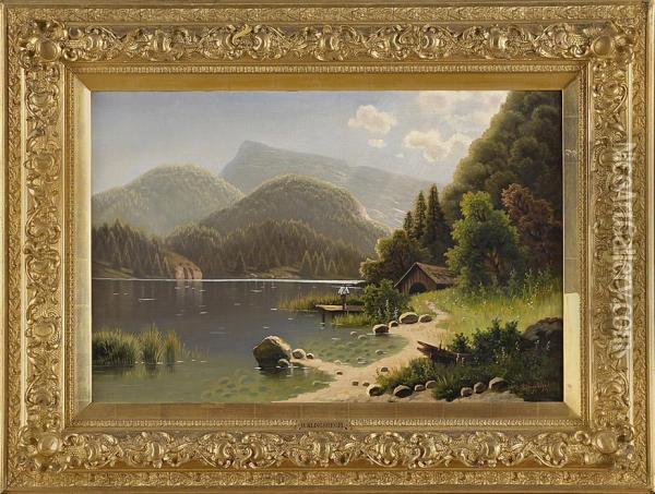 Gebirgssee Mit Angler. Oil Painting - Hermann Klingsbogel