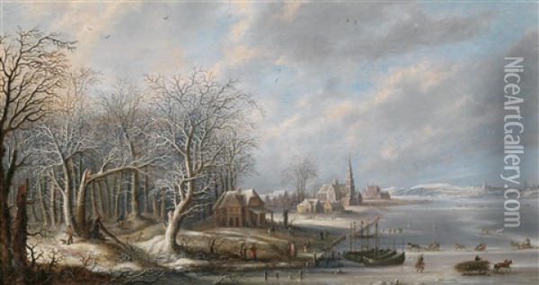 Winterlandschaft Mit Einer Stadt Und Einem Zugefrorenen Gewasser Oil Painting - Robert van den Hoecke