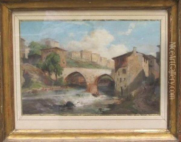 Village Avec Pont Enjambant Une Cascade Oil Painting - Jean-Charles Joseph Remond
