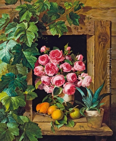 Stilleben Mit Rosen Und Marillen Oil Painting - Ferdinand Kuess
