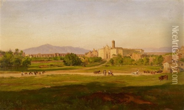 Blick Auf Die Albaner Berge, Kloster Mit Hirten Im Vordergrund Oil Painting - Friedrich Loos