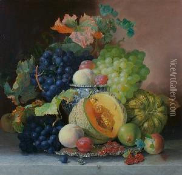 Still Life Of Grapes, Melon, Pears Plums And Peaches In A Silver Bowl Oil Painting - Eloise Harriet Stannard