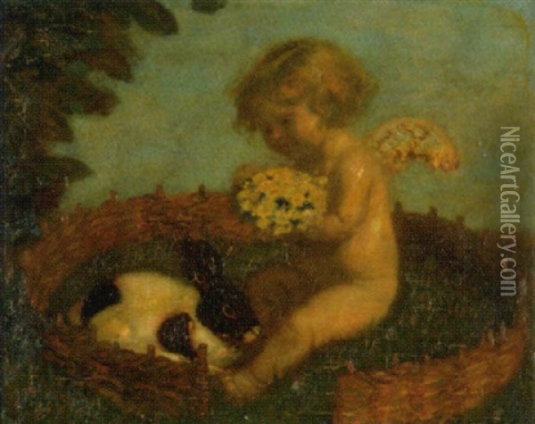 Putto Mit Fruhlingsblumenstrauss Und Kaninchen Oil Painting - Adolf Hengeler