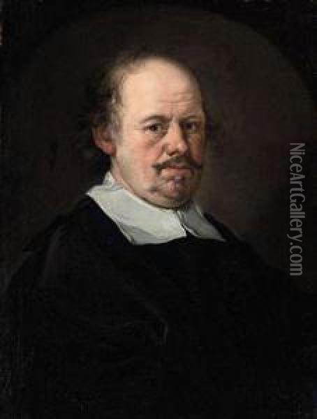 Portrait Of A Gentleman, 
Bust-length, In A Black Doublet Andmantle, And A Clerical Collar, In A 
Feigned Oval Oil Painting - Bartholomeus Van Der Helst
