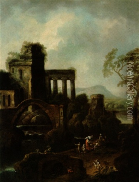 Landschaft Mit Ruinen An Einem Wasserfall Und Figuren Oil Painting - Karl Joseph Aigen