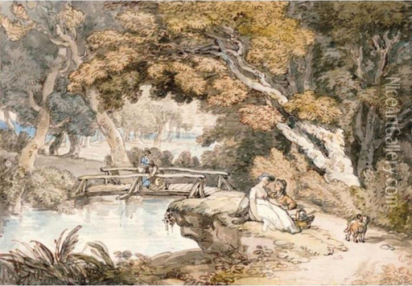A Wooded Landscape With Lovers By A Stream, A Couple Fishing Oil Painting - Thomas Rowlandson