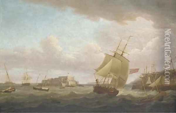 A merchantman and other vessels off Castle Cornet, Guernsey Oil Painting - Thomas Whitcombe