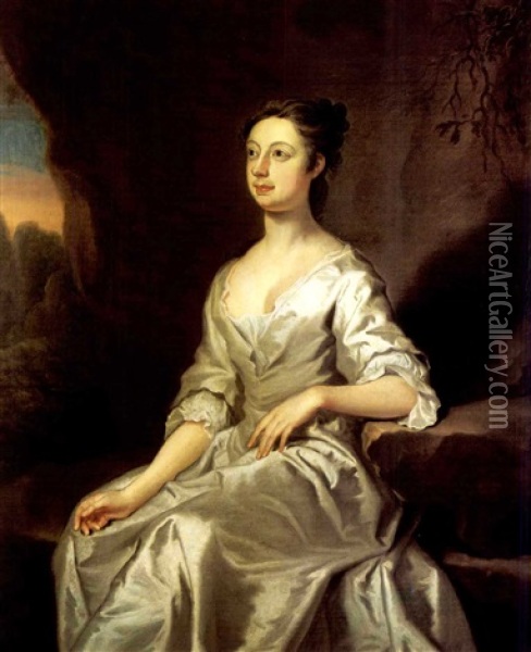 Portrait Of A Lady (elizabeth Warren Elliott?) Wearing A White Dress In A Landscape Oil Painting - Joseph Highmore