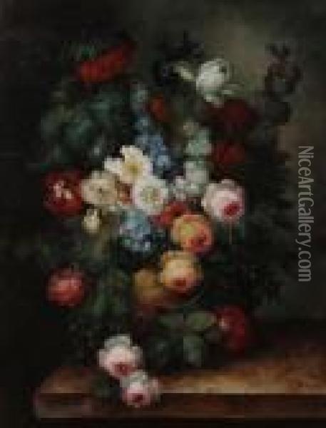 Flowerpiece Of Roses, Tulips, 
Iris, Speedwell In An Urn On A Ledge, Together With Another Similar With
 Fruit Oil Painting - Jean-Baptiste Monnoyer