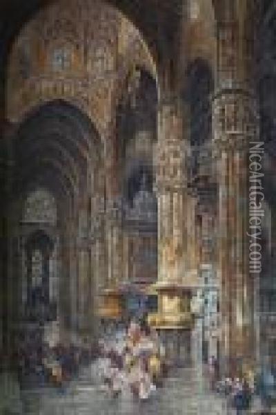 A Continental Cathedral Interior Withprocession Oil Painting - Thomas Greenhalch