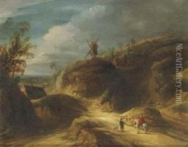 A Mountainous Landscape With Travelers Conversing On A Path, Awindmill Beyond Oil Painting - Lodewijk De Vadder