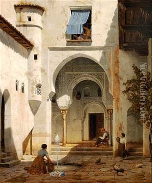 Patio De La Mesquita Paa Alhambra Oil Painting - Heinrich Hansen