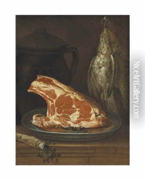 A Platter With Meat And Hanging Game By A Jug Oil Painting - Giacomo Ceruti