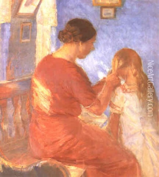 A Mother Plaiting Her Daughter's Hair Oil Painting - Anna Kirstine Ancher