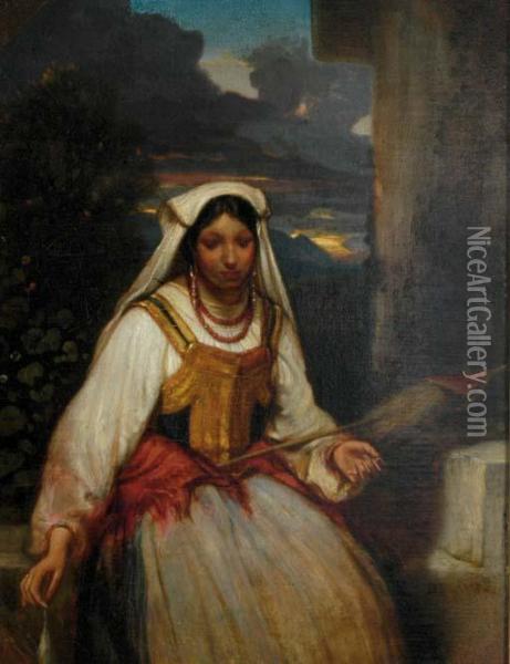 A Peasant Girl With A Distaff Oil Painting - Alexandre Gabriel Decamps