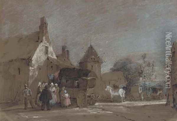Figures disembarking from a carriage in a French village Oil Painting - Henry Bright