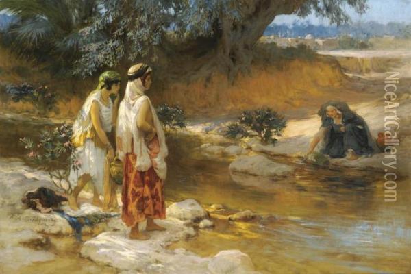 At The Water's Edge Oil Painting - Frederick Arthur Bridgman