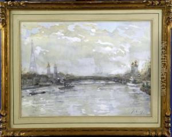 [le Pont Des Arts, A Paris] (date 1925). Aquarelle Signee En Bas A Droite. Oil Painting - Frantz Charlet