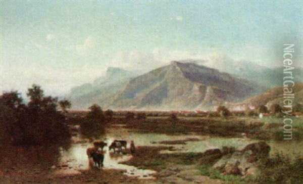 An Extensive Landscape With Cattle Watering Oil Painting - Joseph Quinaux