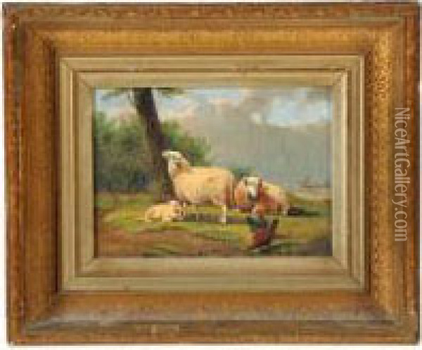 Three Sheep And Chickens Near A Coast Line Oil Painting - Joseph Van Dieghem