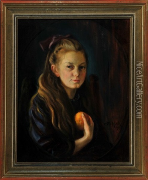 Portrait Auguste Linz Als Madchen Mit Orange (geb. Fischer, Lindenberg/allgau) Oil Painting - Otto Keck