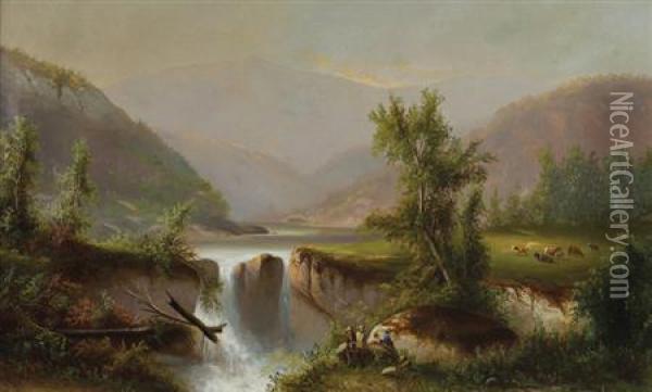 Hudson River Valley With Waterfall Oil Painting - William Frefichs