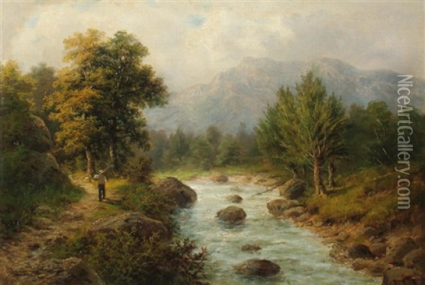 Holzsammler An Einem Fluss Im Gebirge Oil Painting - Julius Karl Rose