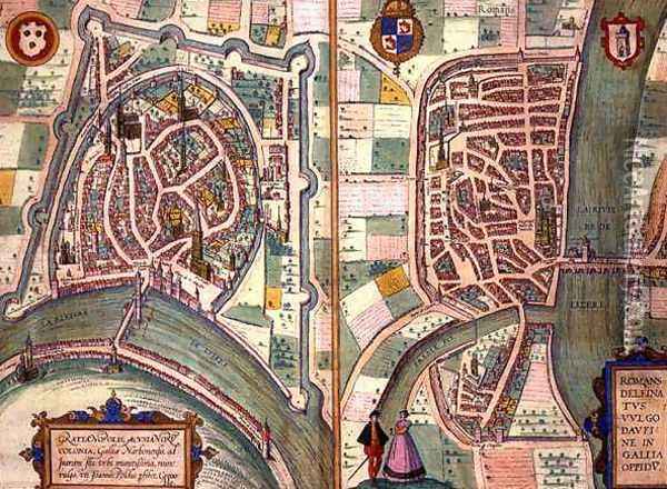 Maps of Grenoble and Romans sur Isere from Civitates Orbis Terrarum Oil Painting - Joris Hoefnagel