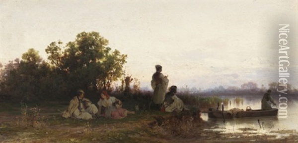 Ungarische Fischer Am Flussufer Oil Painting - Pal (Paul) Boehm