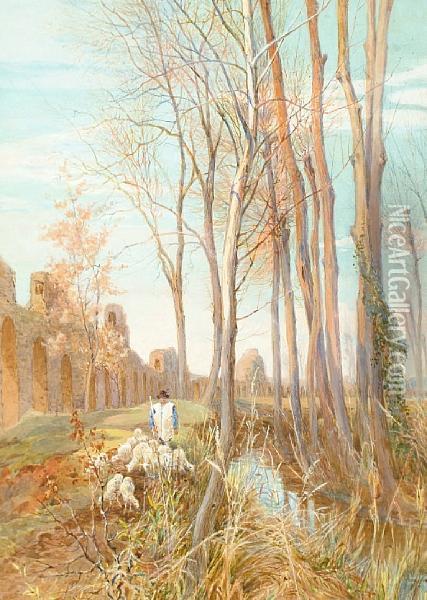 Tending To The Sheep In An Italianate Landscape Oil Painting - Charles Earle